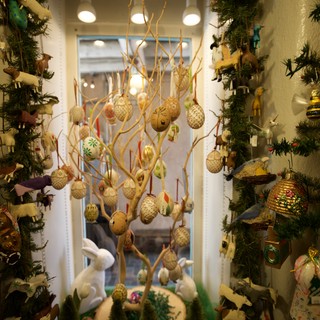 Festive Holiday Shop Window Display with Ornaments