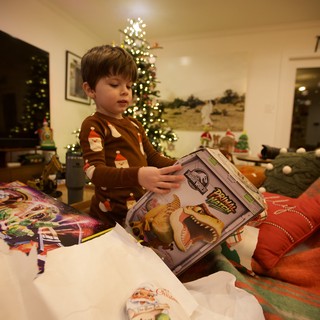 Child Opening Christmas Present with Dinosaur Book