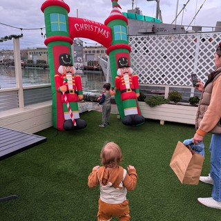 Marina or harbor waterfront area with holiday decorations