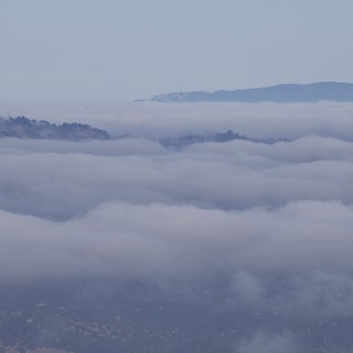Hills Emerging Through Layered Marine Fog Banks