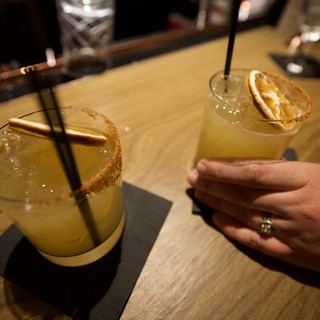 Margaritas with Spiced Rim and Orange Garnish