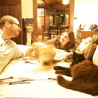 Couple Relaxing on Bed with Their Cats