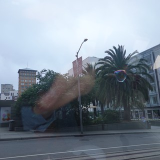 Urban Plaza with Palm Trees and Soap Bubble