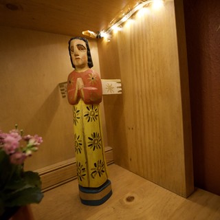 Folk Art Angel Figure in Wooden Shelf Display