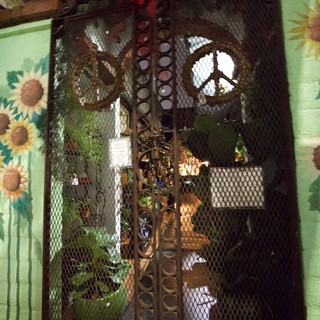 Eclectic Mesh Cage Display with Peace Symbol and Plants