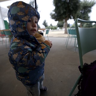 Toddler in Dinosaur Hoodie at Outdoor Café