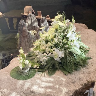 White Floral Memorial Arrangement with Driftwood Sculpture