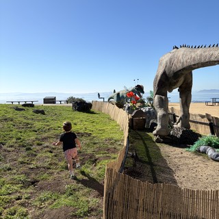 Child Encounters Giant Dinosaur at Beachside Park