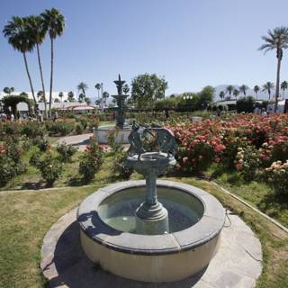 Serene Garden Fountain Amidst Palm Trees