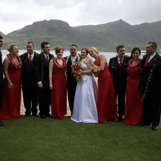 Red-Dressed Bridesmaids on a Cloudy Hawaiian Beach