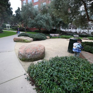 Child Exploring Urban Park with Natural Stone Features