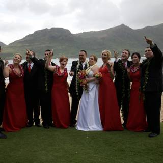 Red Dress Group Photo at Hawaiian Wedding