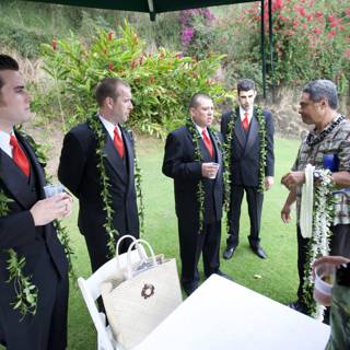 Groomsmen in Suits with Flower Bouquets