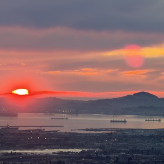 Sunset Over San Francisco Bay with Cargo Ships