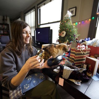 Christmas Morning Gift Opening with Curious Cat