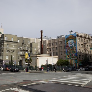 Urban Street Corner with Colorful Mural in Overcast San Francisco