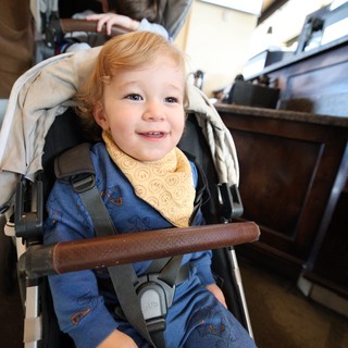 Smiling Toddler in Double Stroller at Restaurant