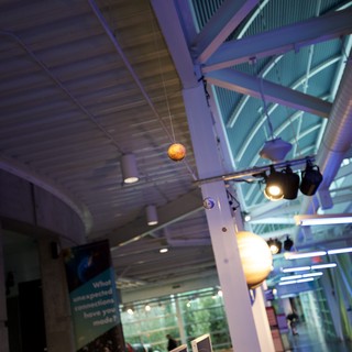 Modern Museum Interior with Colorful Lighting and Industrial Design
