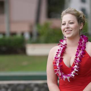Red Dress, Lei, and Smile in Hawaii