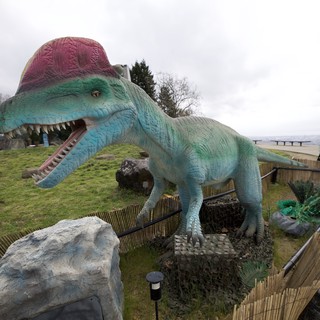 Turquoise Spinosaurus Dinosaur Statue at Outdoor Park