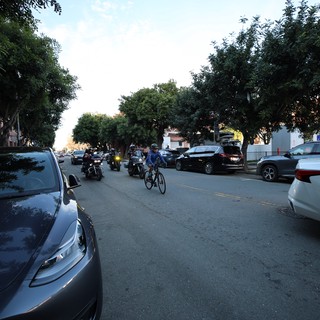 Urban Cyclist Navigating Tree-Lined City Street at Dusk
