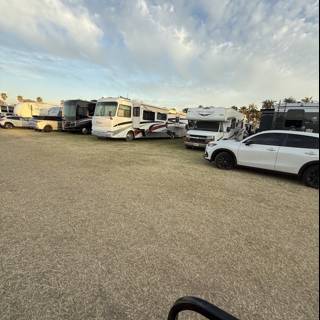 Gathering of Motor Homes Under a Cloudy Sky