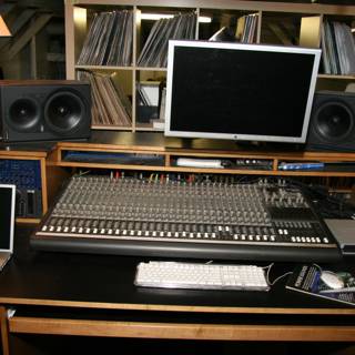 Black Desk with Electronics and Speakers