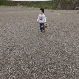 Young Explorer Roaming a Rugged Coastal Beach