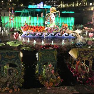 A Serene Float of Flowers and Fountain