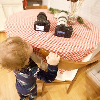 Toddler Reaching for Cameras on Christmas Morning