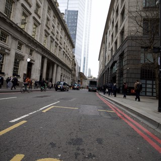 London City Street with Modern Skyscrapers Rising Above