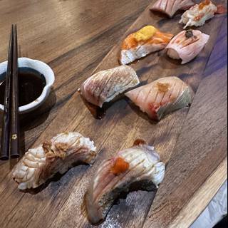 Savoring Sushi on a Beautiful Wooden Board