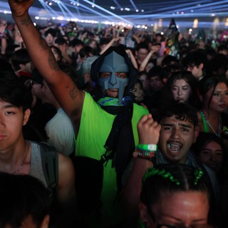 Masked Reveler Raises Fist at Wobbleland Festival