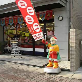 Statue of a Man Holding a Store Sign