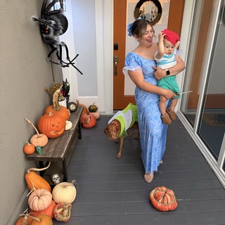 Halloween Porch Welcome with Mom, Baby, and Dog