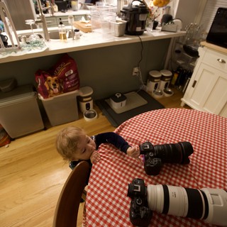 Toddler's Curious Exploration of Photography Equipment at Home