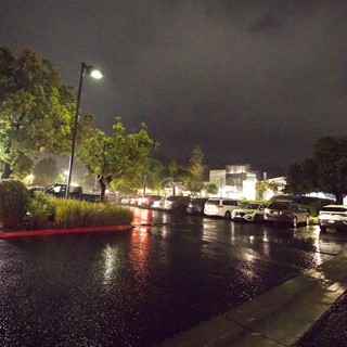 Rainy Night at a Commercial Plaza Parking Lot