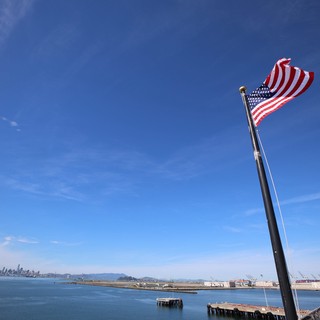 American Flag Flying Over San Francisco Bay
