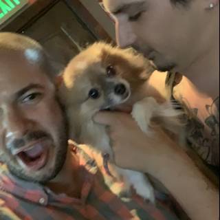Two Men and Their Pomeranian Puppy Enjoying an Evening in the Bar
