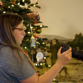 Photographer Reviewing Christmas Photos by Decorated Tree