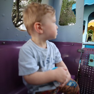 Young Boy Enjoying a Ride at Fantasyland Theme Park