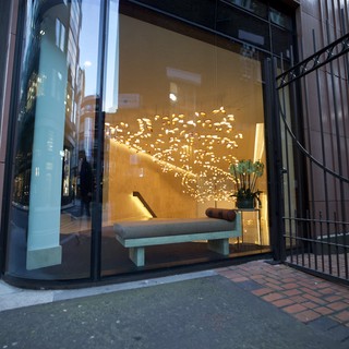 Modern Hotel Lobby Entrance with Illuminated Tree Sculpture