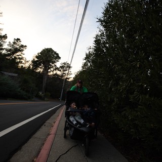 Evening Stroll with Double Stroller at Dusk