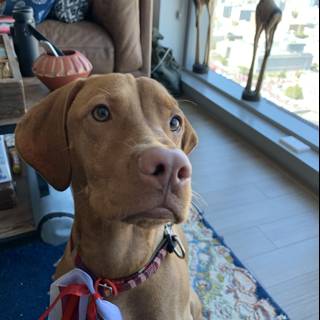 Adorable Vizsla with a Red Bow Collar Sitting on the Couch