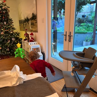 Toddler Watching Outside Through Glass Doors on Christmas