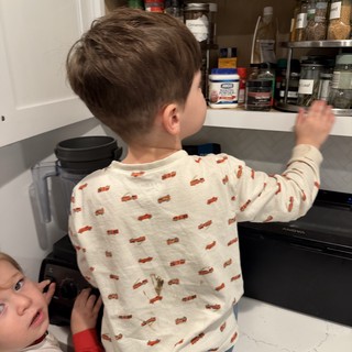 Young Boys Reaching for Spices in Kitchen Pantry