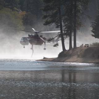 Helicopter Flying over a Tranquil Body of Water